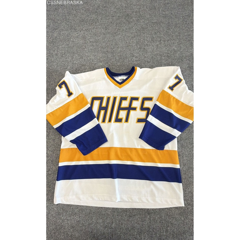Mad Bros White Men's Hockey Jersey Charlestown Chiefs 7 Reggie Dunlop Sewn - XL